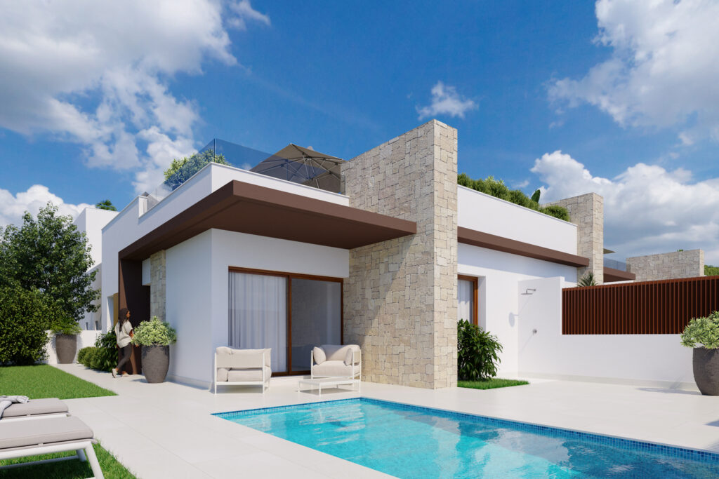 Moderne energiezuinige gelijkvloerse 2 onder 1 kap woningen met privé zwembad en optioneel een solarium